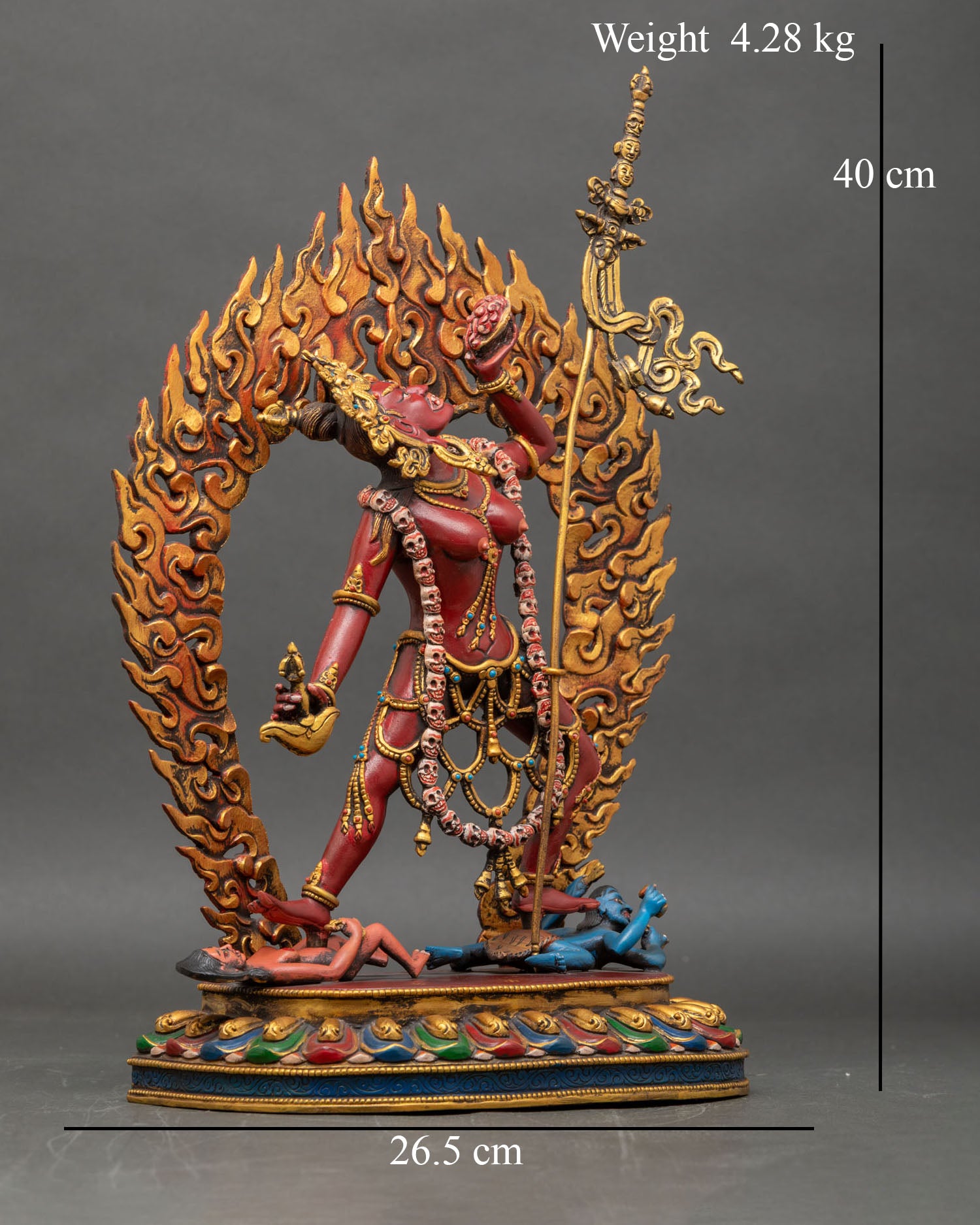 Side view of Vajrayogini Statue holding kartika knife and skull cup meditation tool