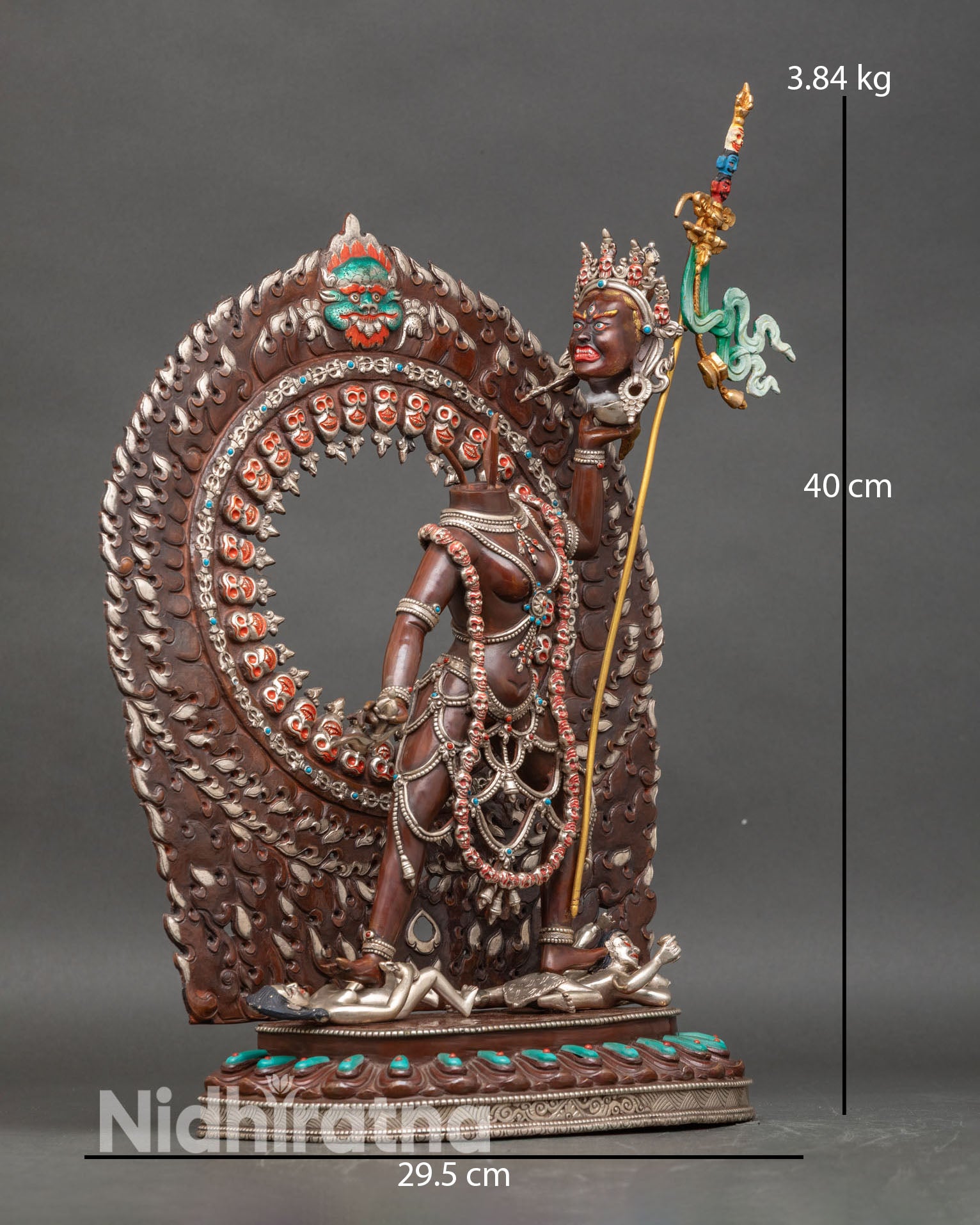 Side view Vajrayogini Ucheyema statue tantric staff flaming halo lotus pedestal Tibetan dakini