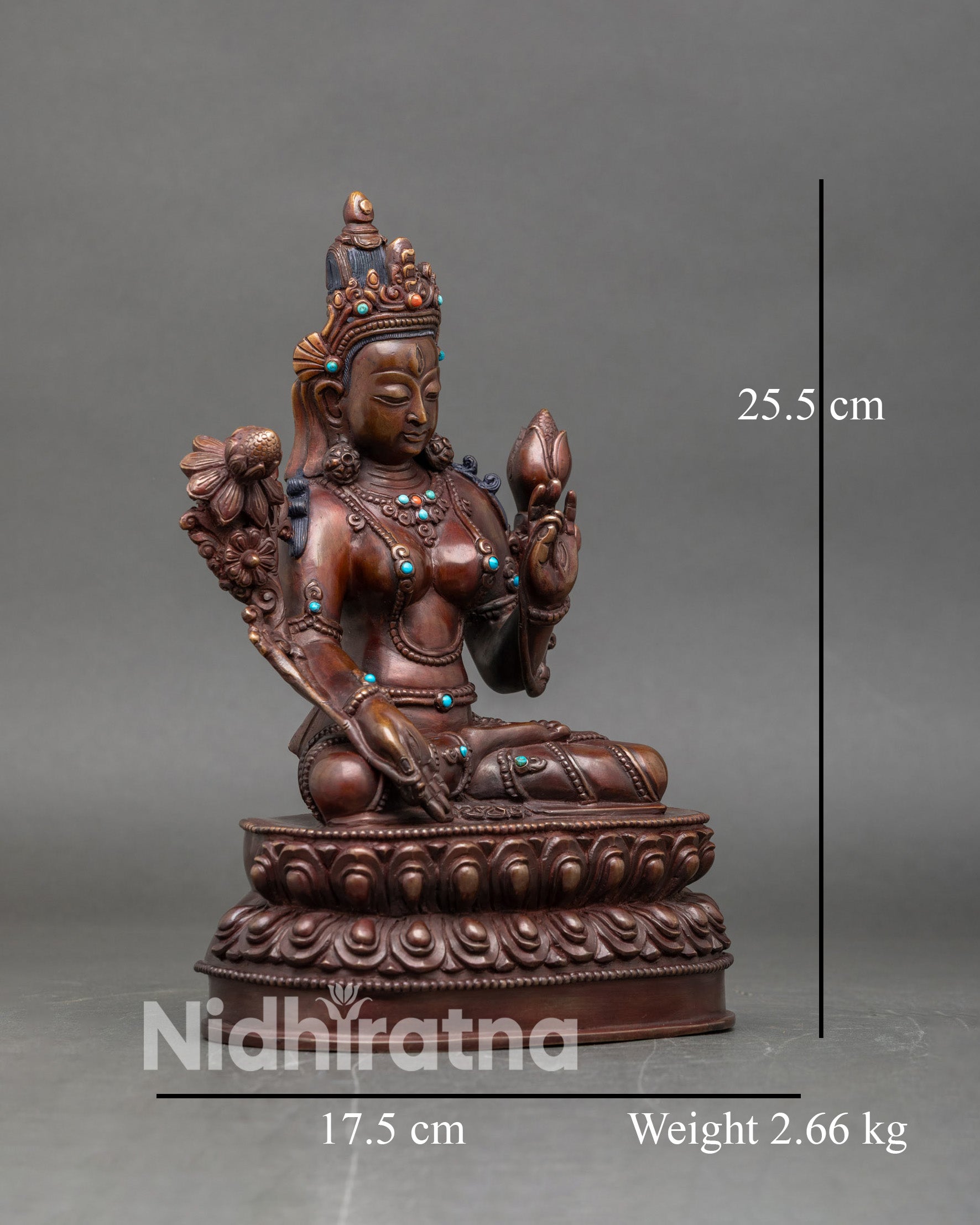Side view White Tara statue handcrafted oxidized copper meditation altar sacred art
