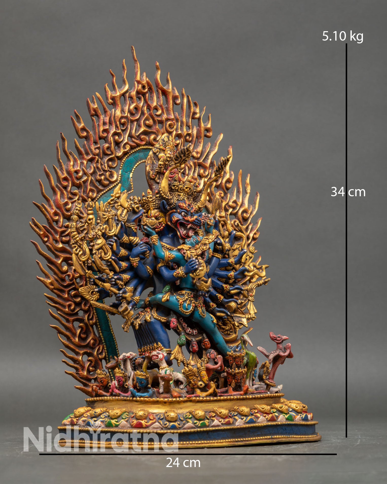 Side view Yamantaka Consort statue subjugated figures detailed robes sacred Tibetan deity handcrafted Nepal