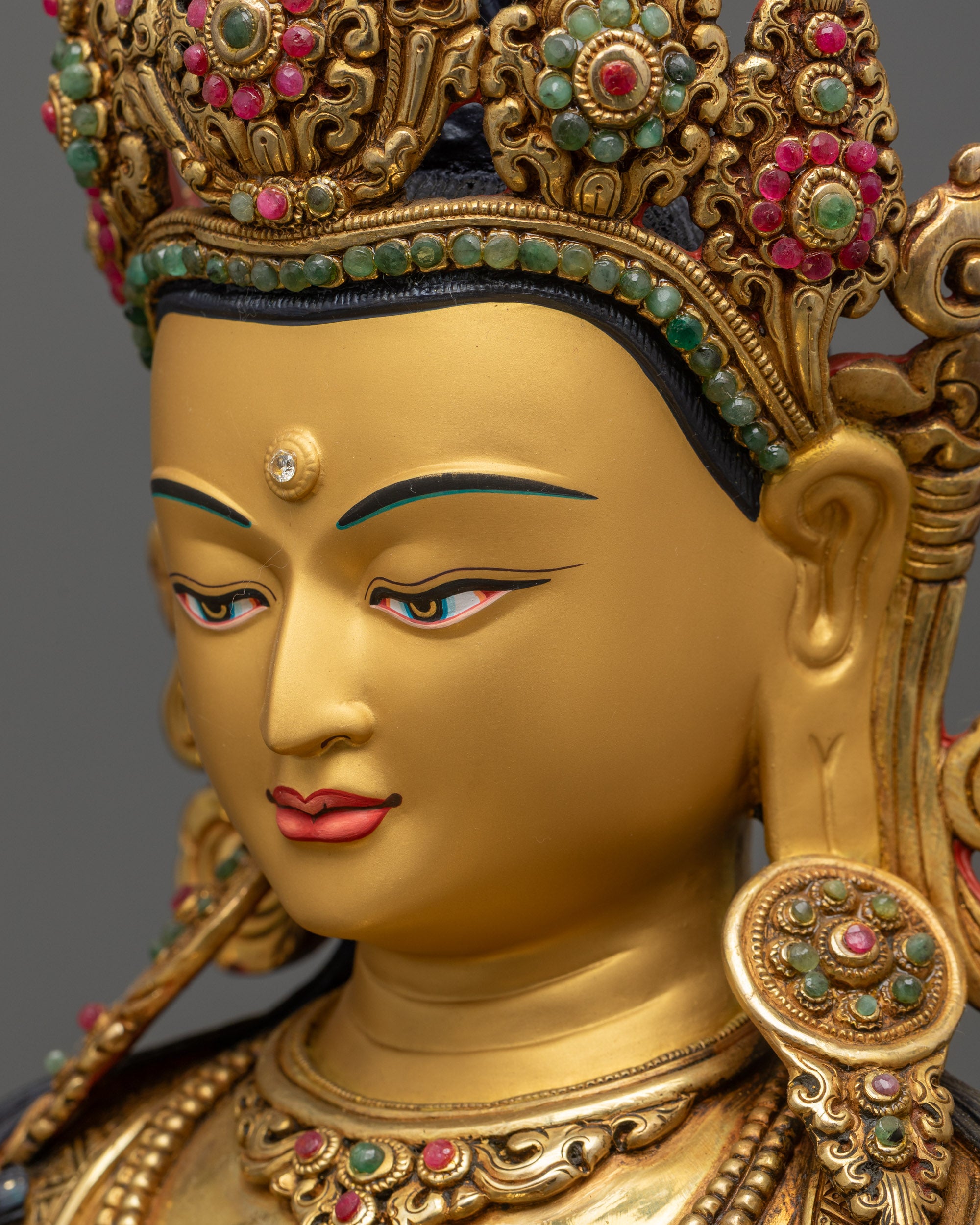 side close up face Manjushri Statue with blazing wisdom sword and carved halo details
