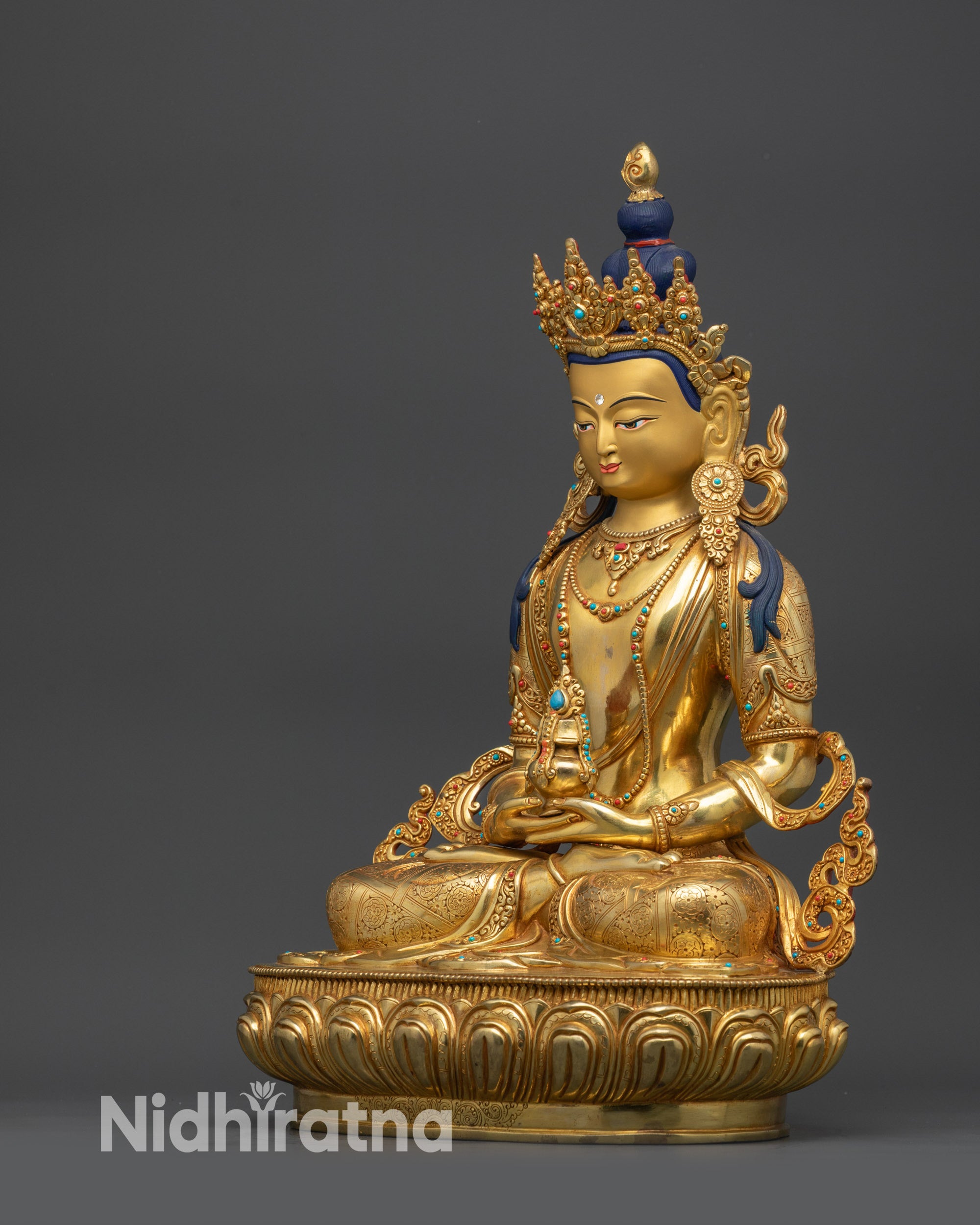 side view Amitayus Buddha statue padmasana pose lotus base Tibetan long-life deity
