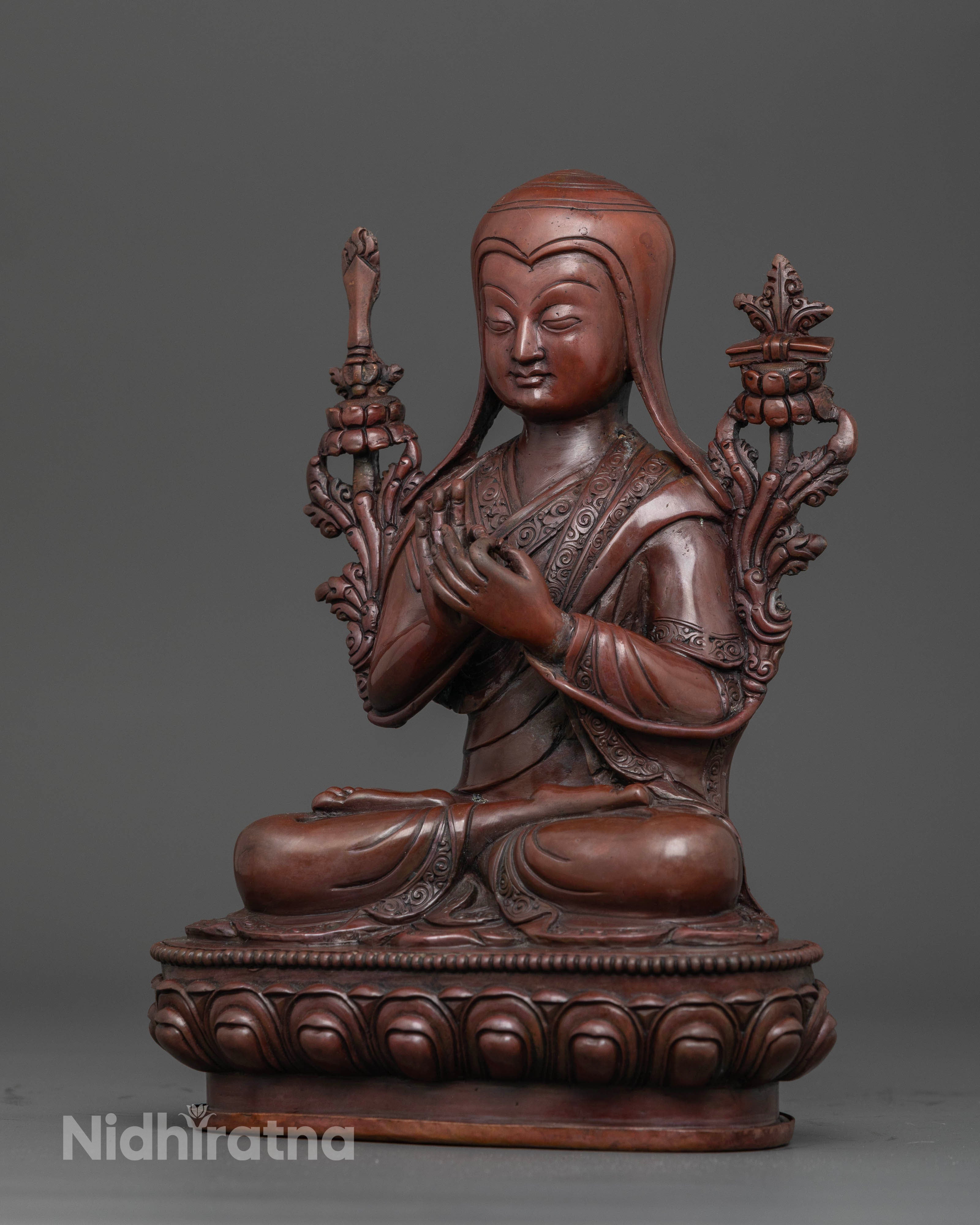 side view Oxidized Tsongkhapa statue elegant posture for meditation or home spiritual decor