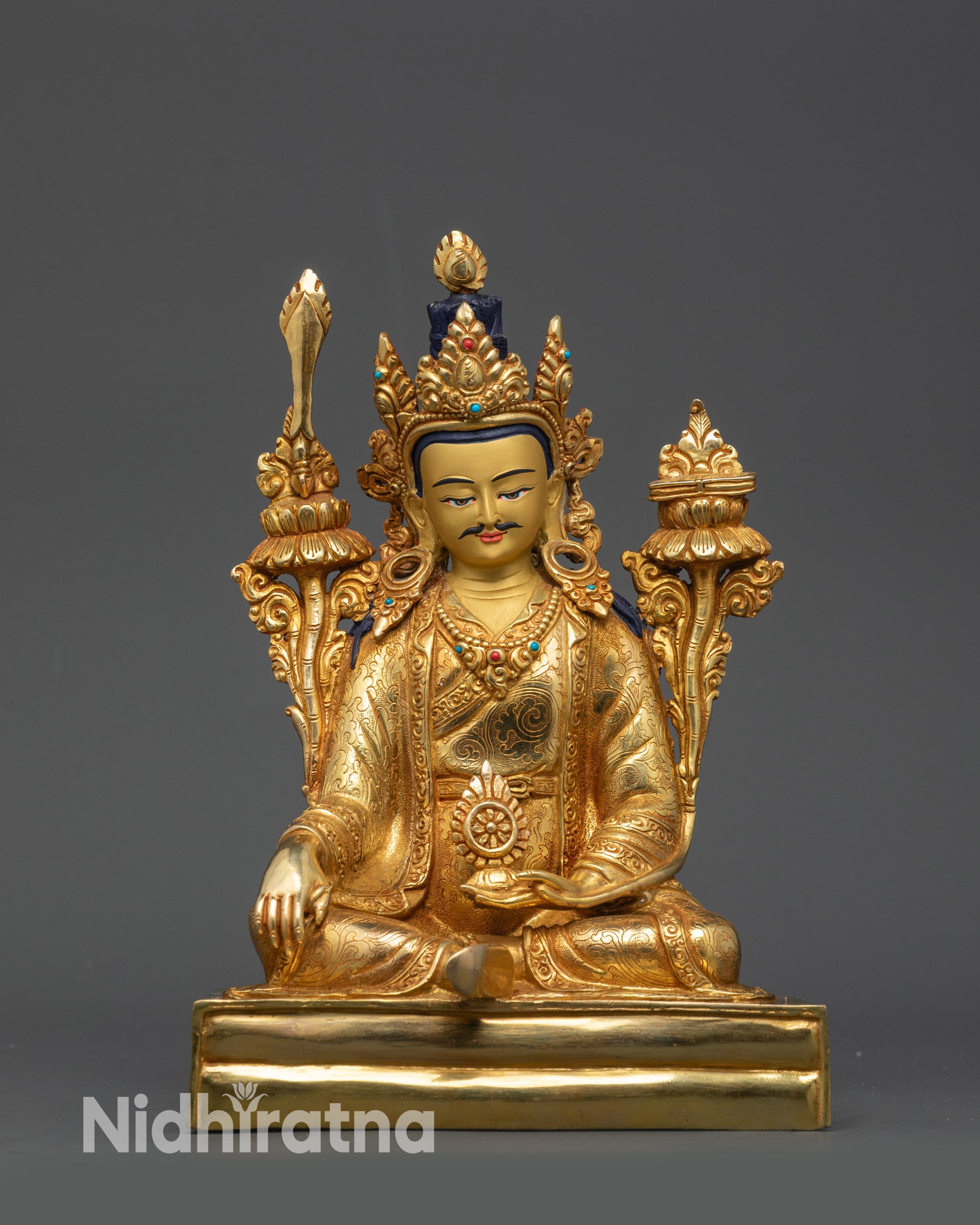 side view Santaraksita statue with red hat teaching mudra 24k gold-gilded details