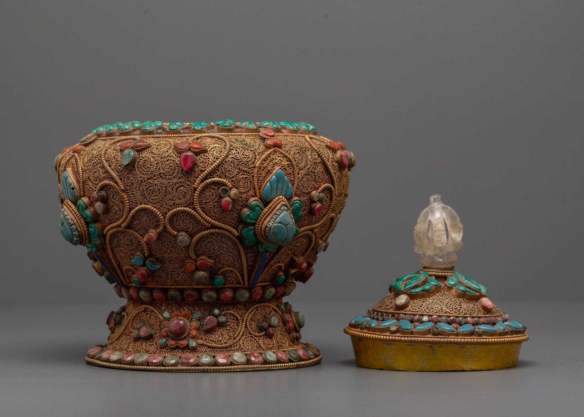 side view Tibetan rice pot copper vessel with gold patterns and protective deity symbols