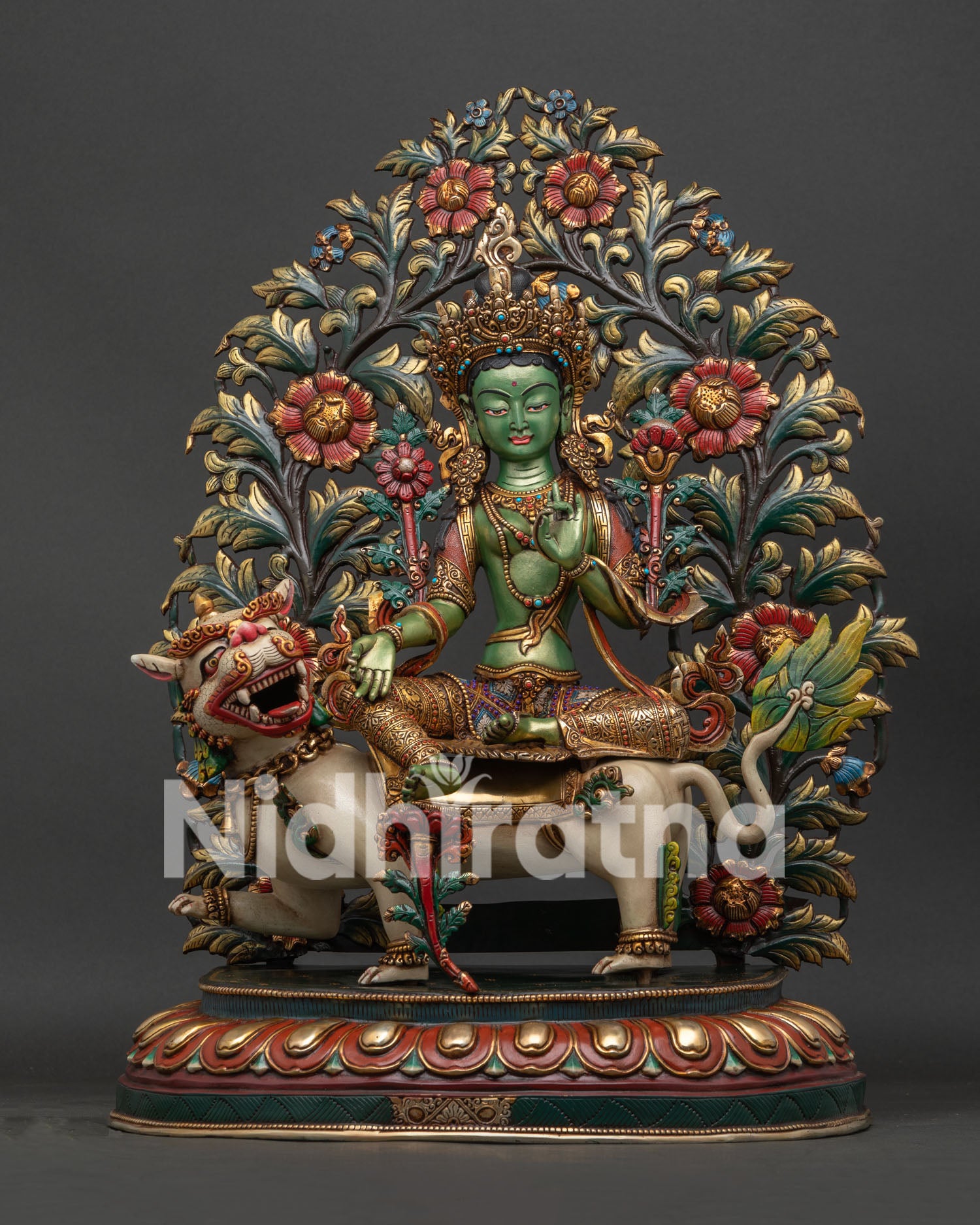 Simhanada Green Tara statue seated on snow lion, handcrafted Tibetan Buddhist sculpture