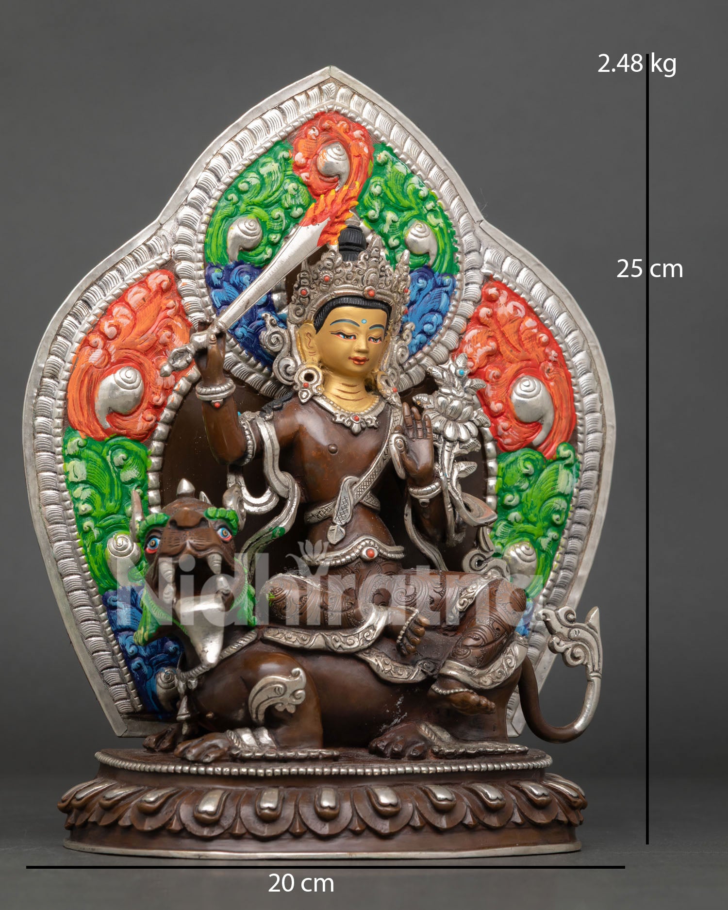 Simhanada Manjushri Right Side View Copper Statue Lion Mount Bodhisattva Sacred Art