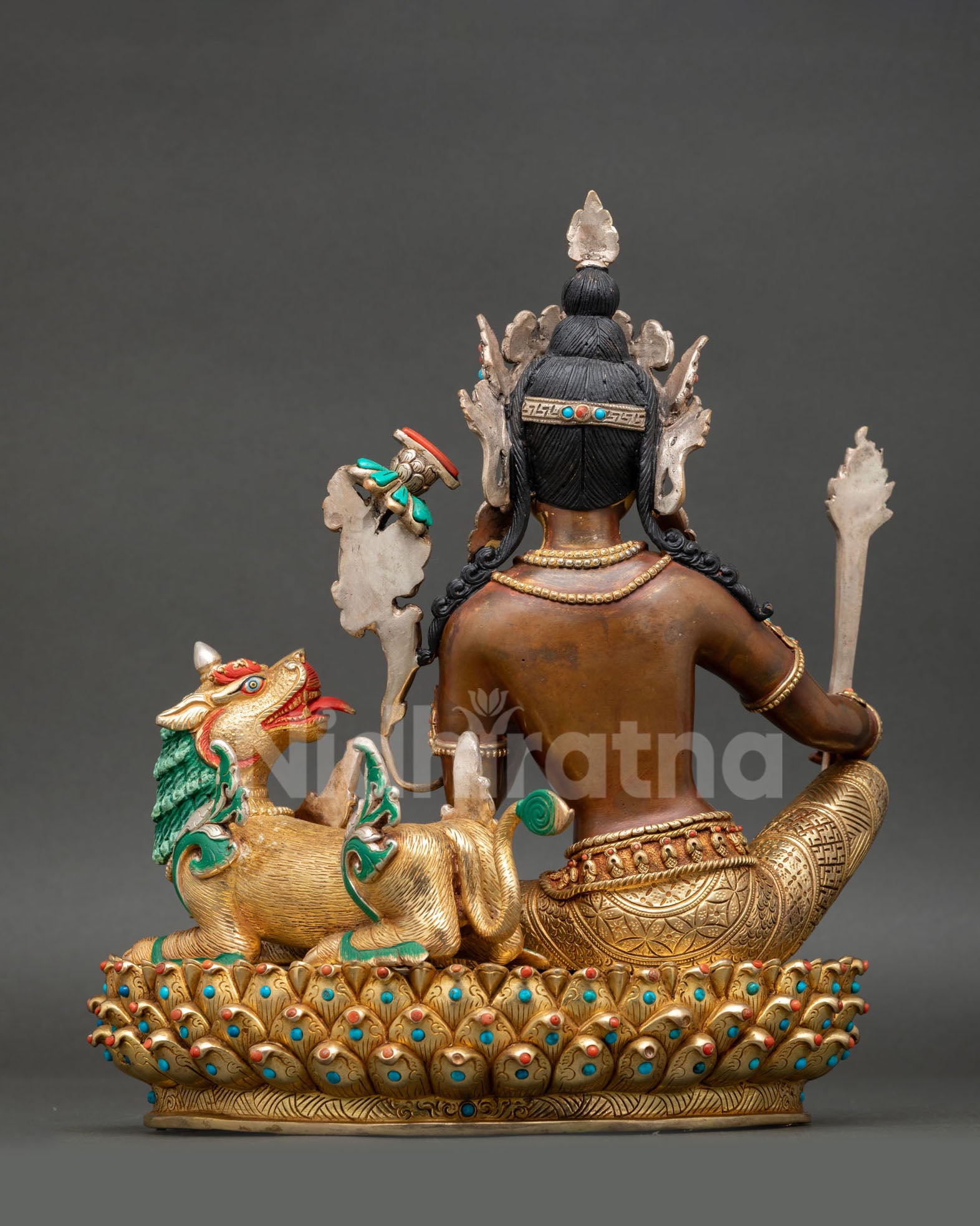 Simhanada Manjushri statue back view lotus throne snow lion detail copper oxidized Nepal