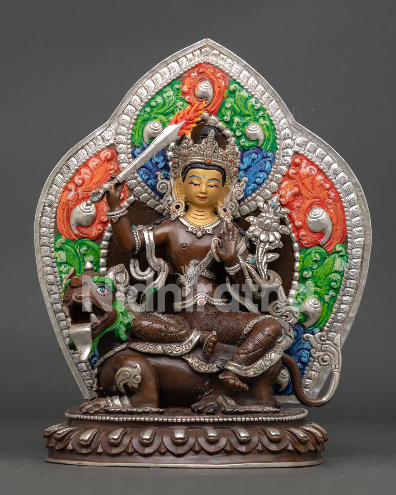 Simhanada Manjushri Statue Oxidized Copper Lion Riding Bodhisattva Himalayan Buddhist Art
