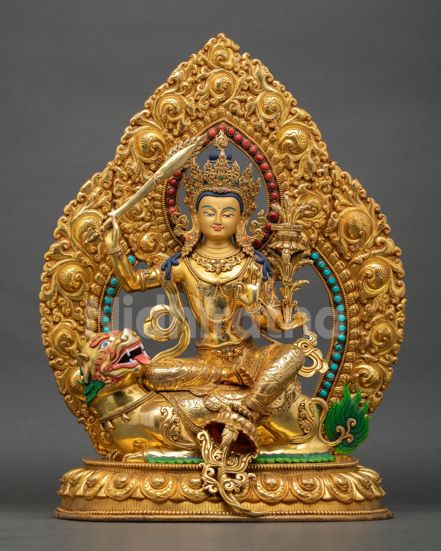simhanada manjushri statue seated on snow lion lotus base, copper and gold gilded detail