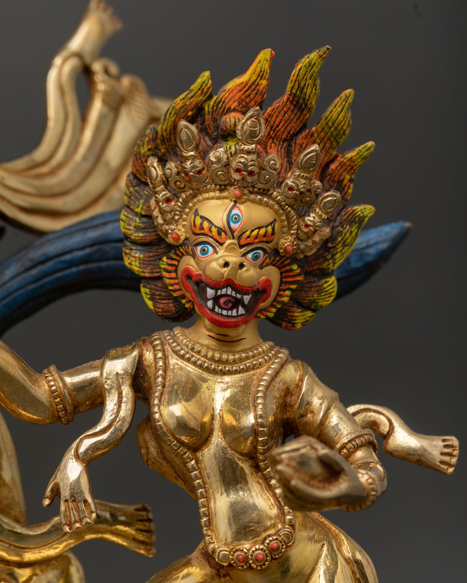 Simhavaktra Attendant Close Up, Lion Faced Protector Figure Copper Fire Gilded Nepal