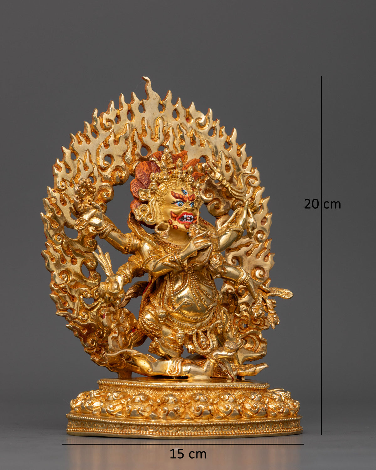Six Armed Mahakala Buddhist Statue with Skull Rosary Damaru Drum Trident and Ritual Implements
