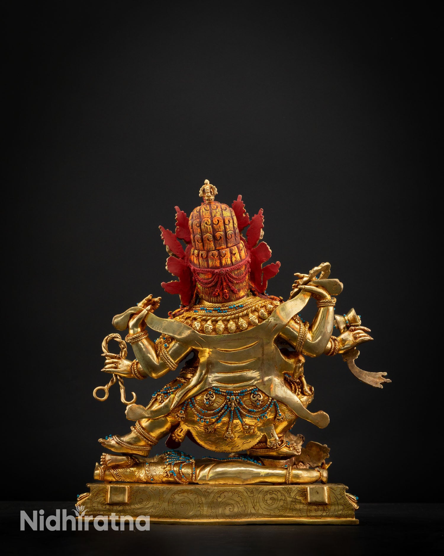 Six Armed Mahakala statue back view handcrafted Nepal copper sculpture, turquoise coral inlay Buddhist guardian deity