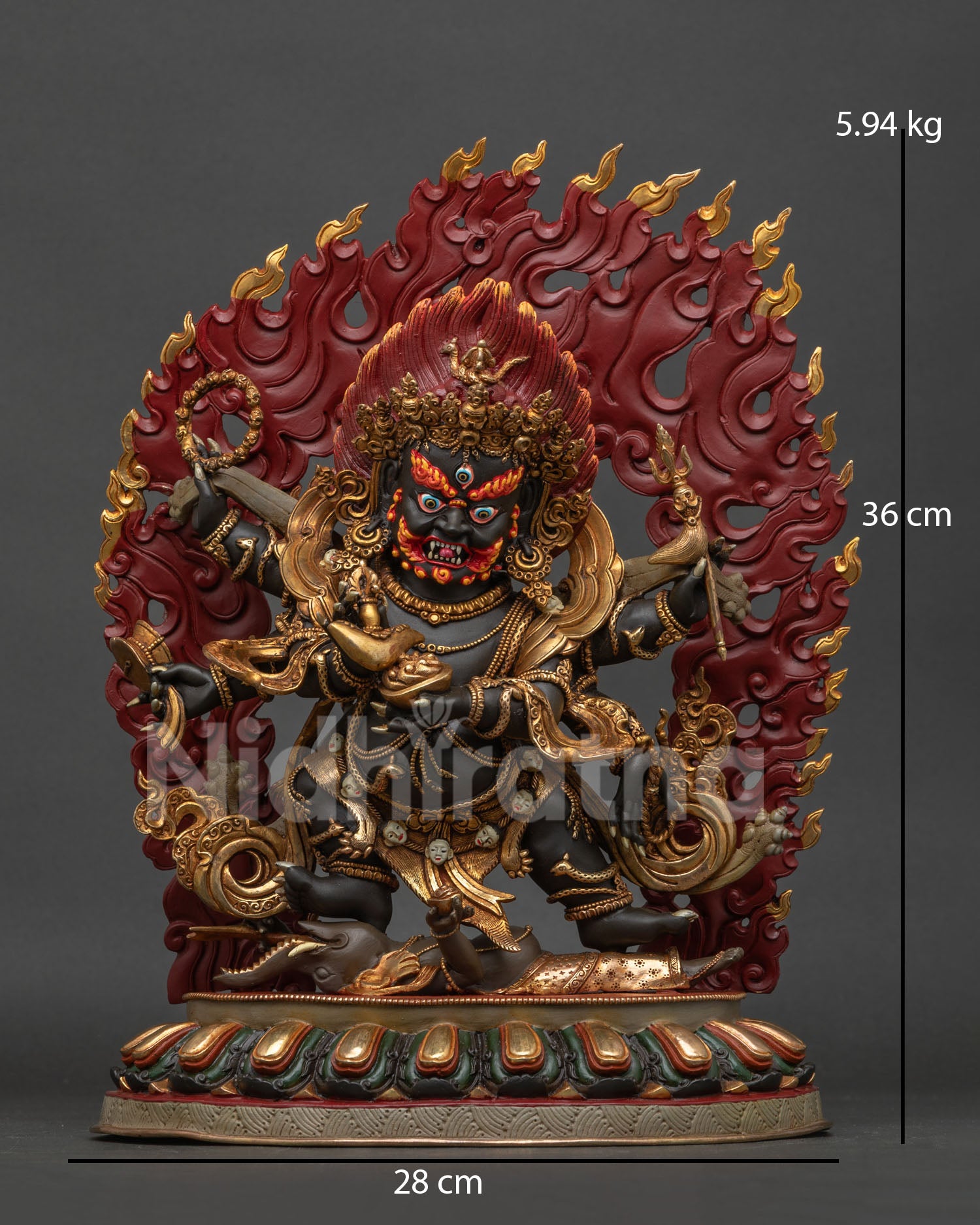 Six-armed Mahakala statue handcrafted by Newari artisans from Patan, Nepal, featuring a finely detailed gold-gilded finish.