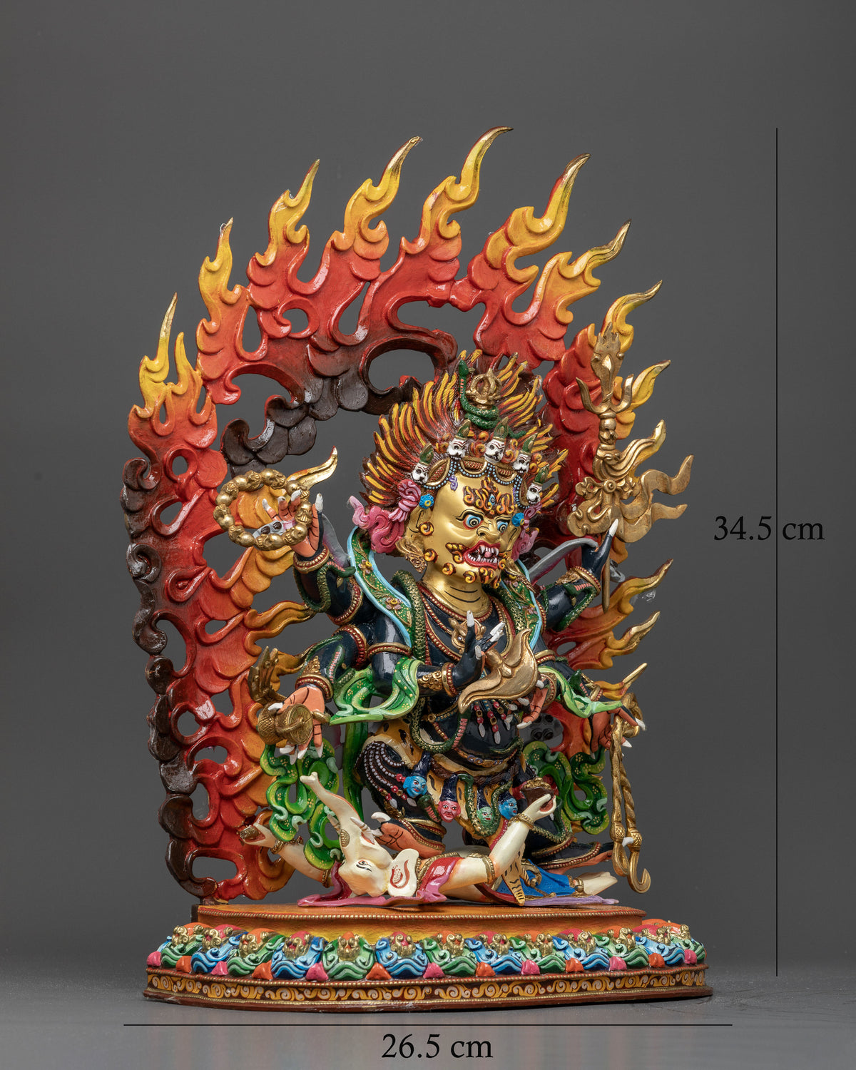 Six-Armed Mahakala Statue Holding Kartika Knife and Kapala on Lotus Seat.