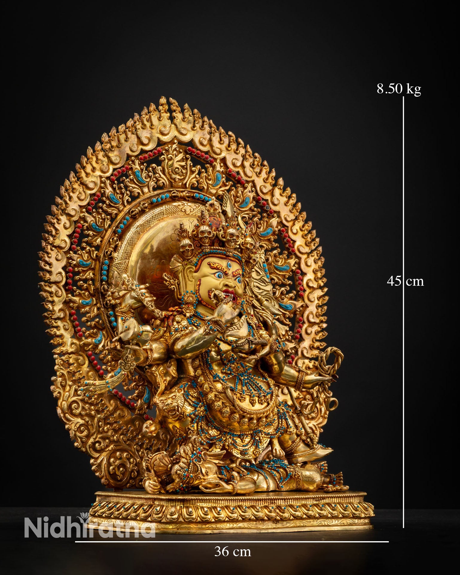 Six Armed Mahakala statue left side view dynamic pose copper, gold fire gilding Vajrayana protector deity sculpture