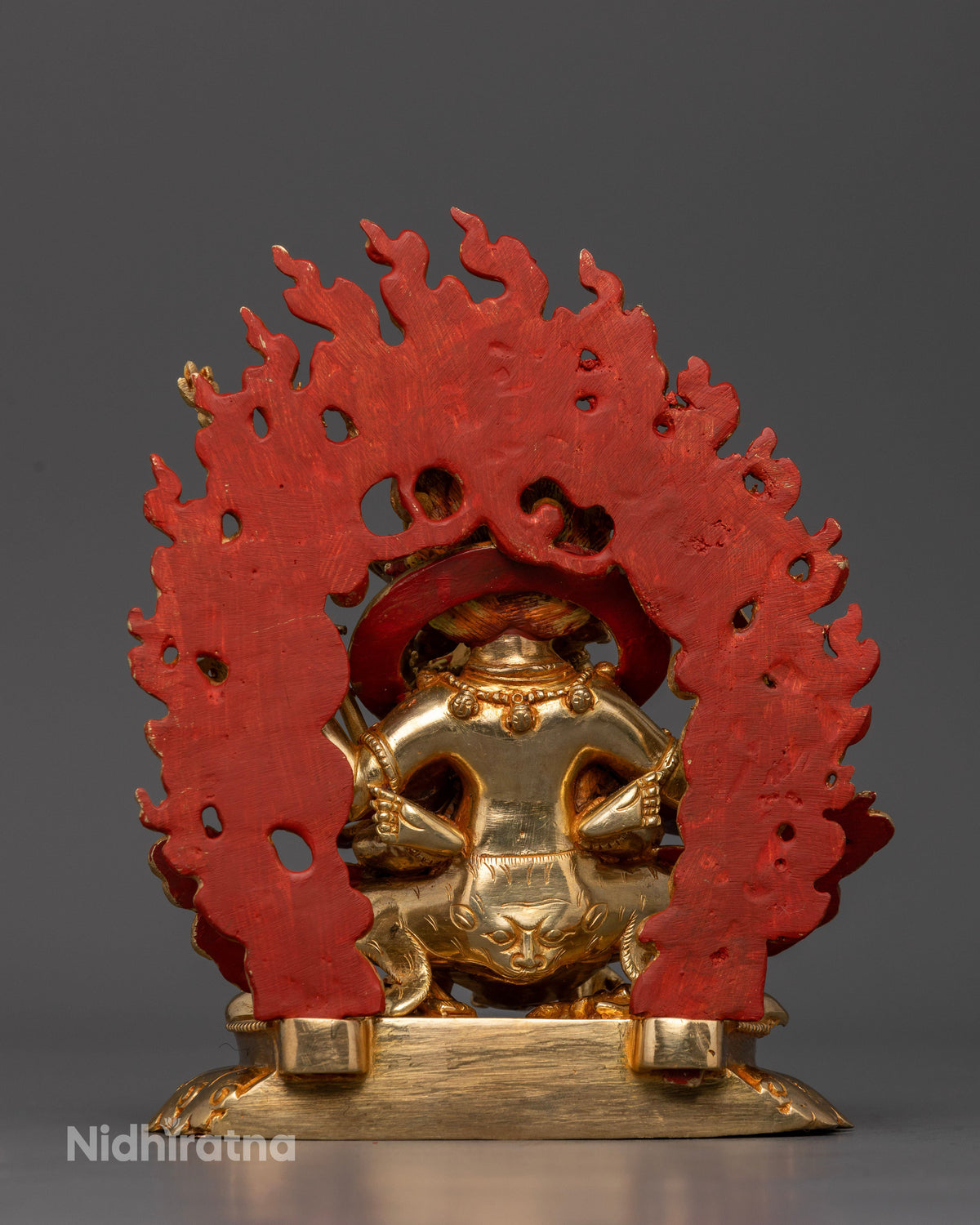 Six Armed Mahakala with Consort Seated on Lotus Pedestal Surrounded by Blazing Wisdom Flames