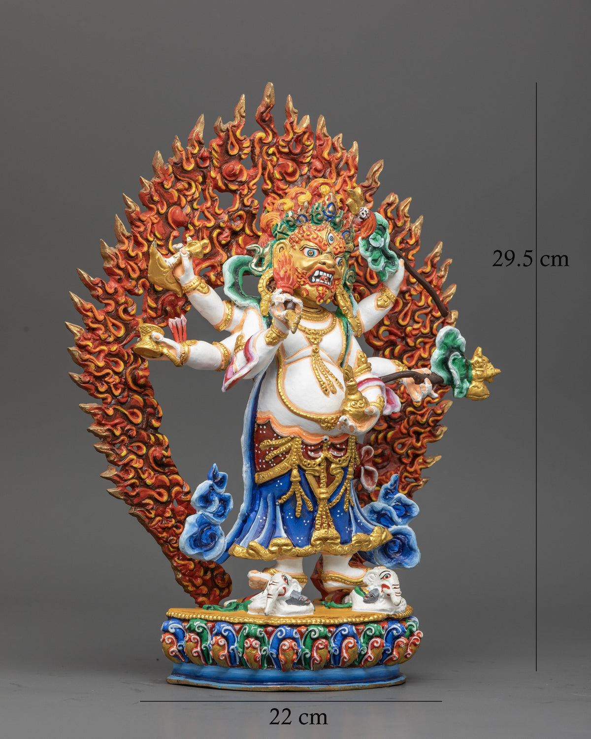 Six armed White Mahakala statue holding sacred Buddhist ritual implements.