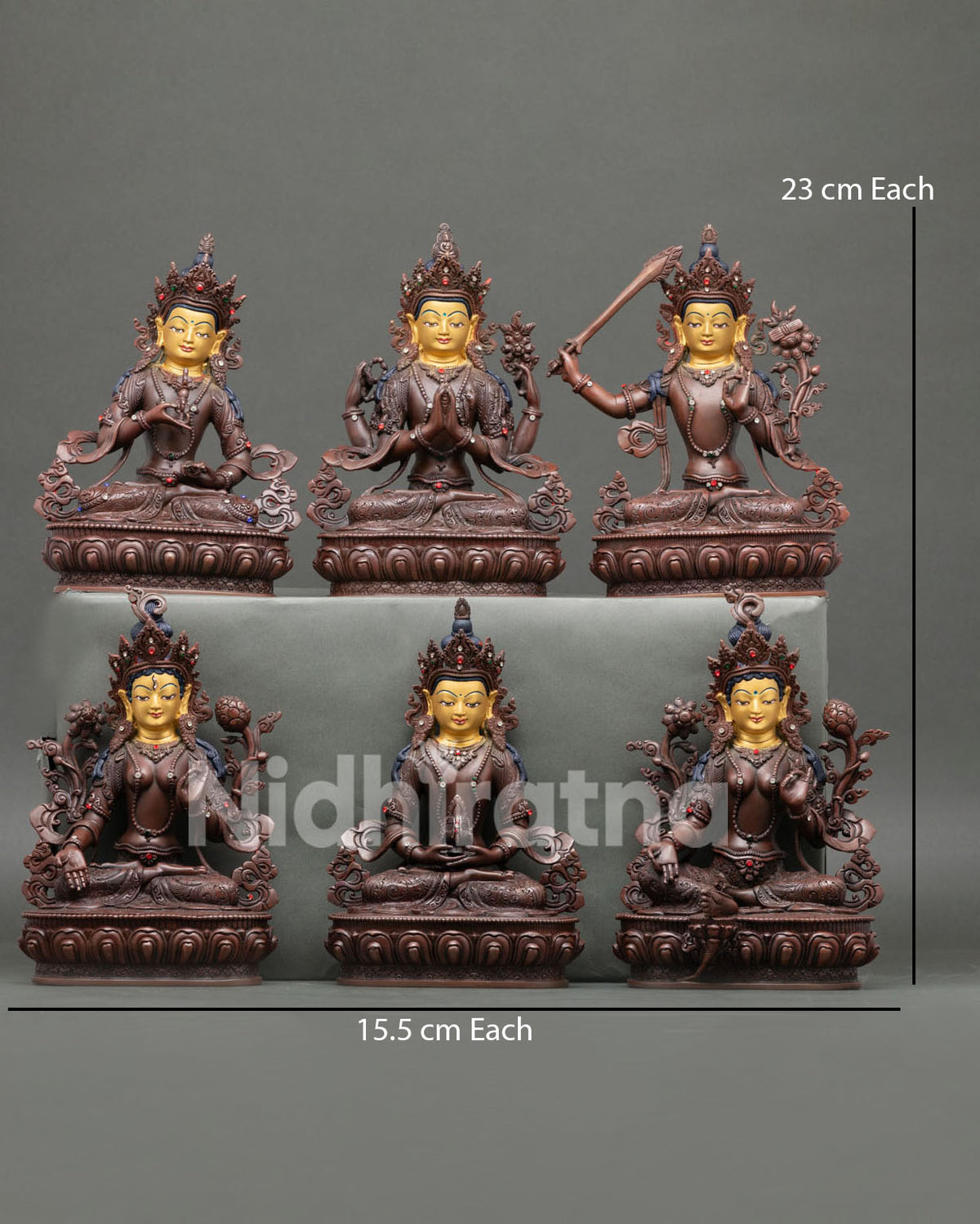 Six Buddhist Bodhisattva statues set handcrafted in Nepal with oxidized copper and gold painted faces.
