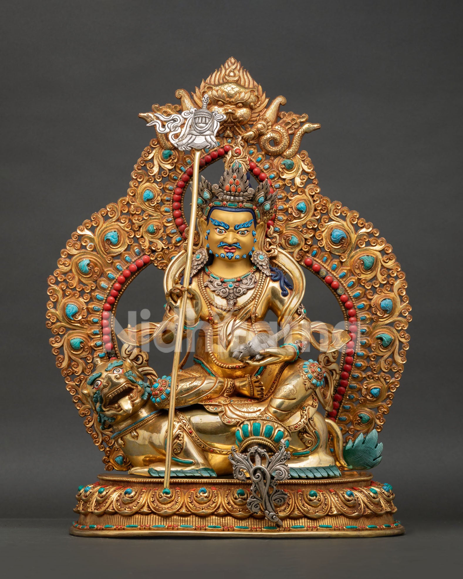 Snow Lion Riding Namtoshe Statue with 24K Gold Gilding from Nepal