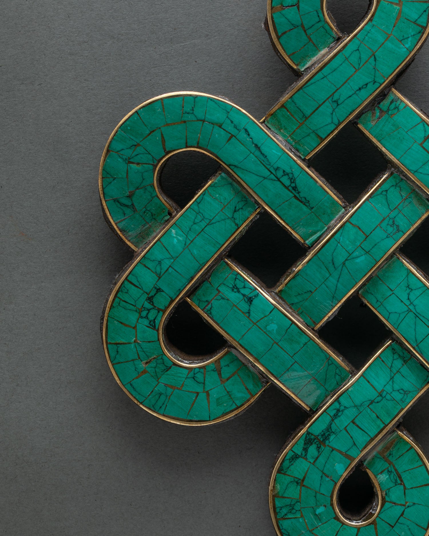 Solid wood Endless Knot sacred wall art with green turquoise stone detailing