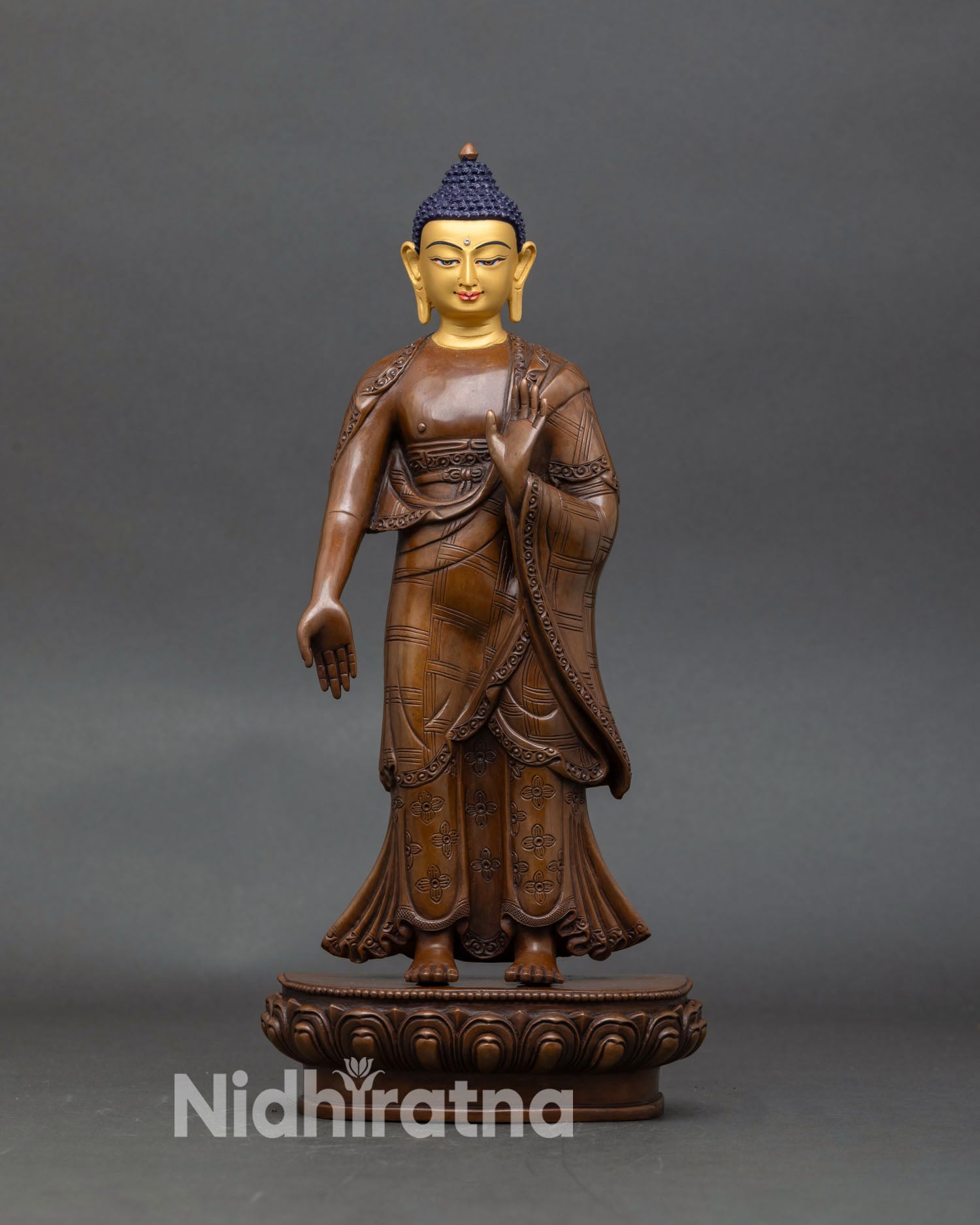 standing dipankara buddha statue handcrafted oxidized copper with 24k gold face