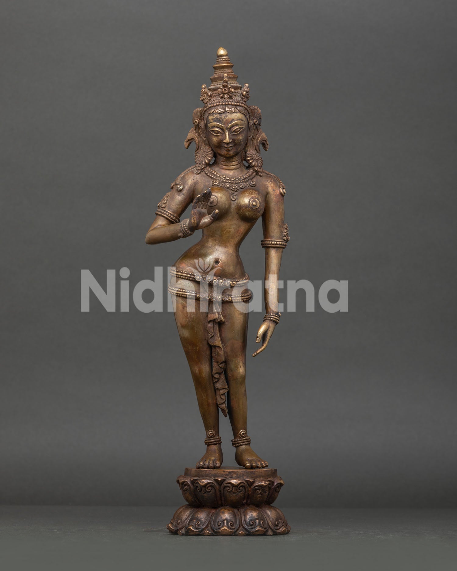 Standing Green Tara Statue in Antique Oxidized Copper Handcrafted in Nepal.