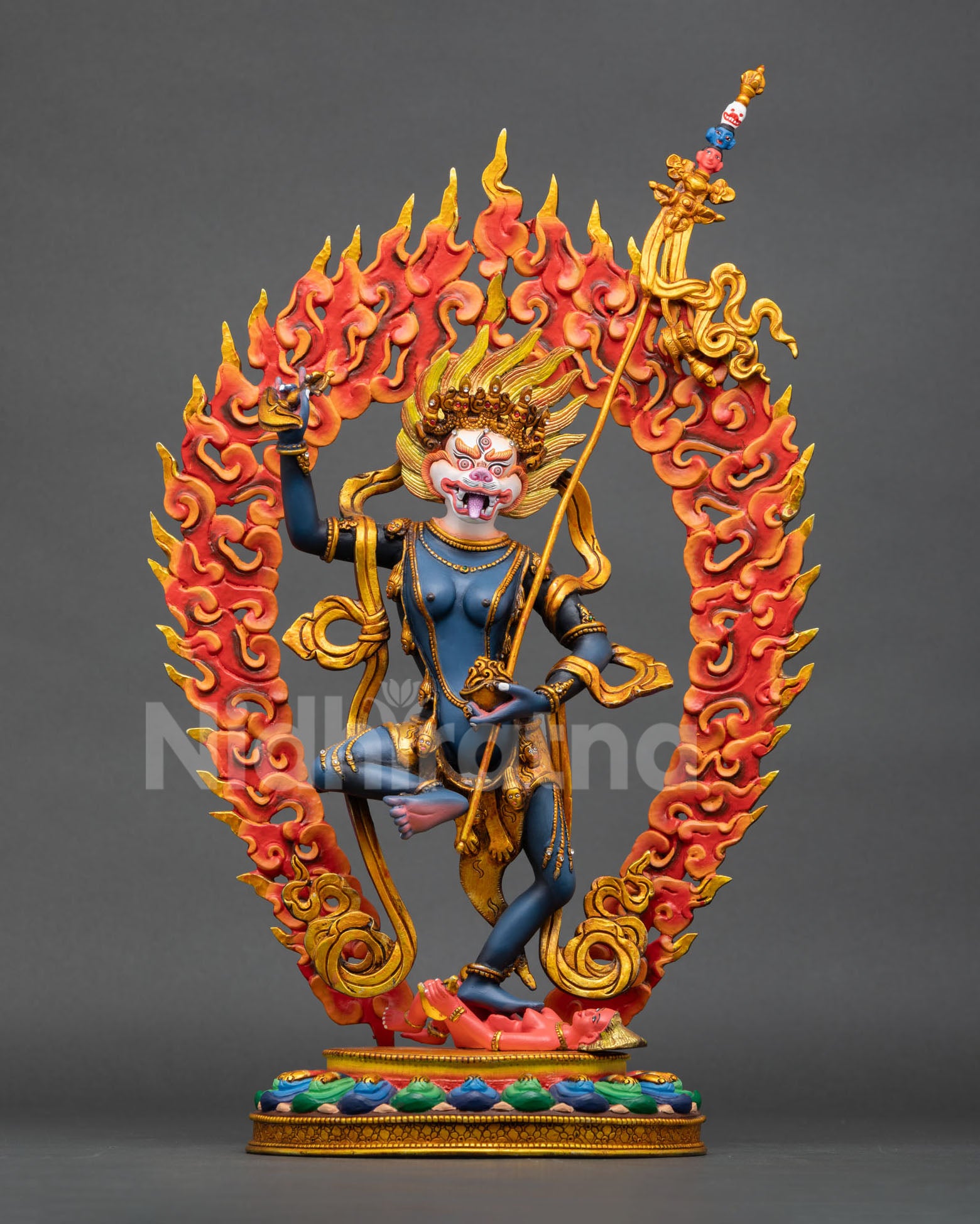 standing simhamukha statue with flaming halo, handcrafted copper buddhist artwork