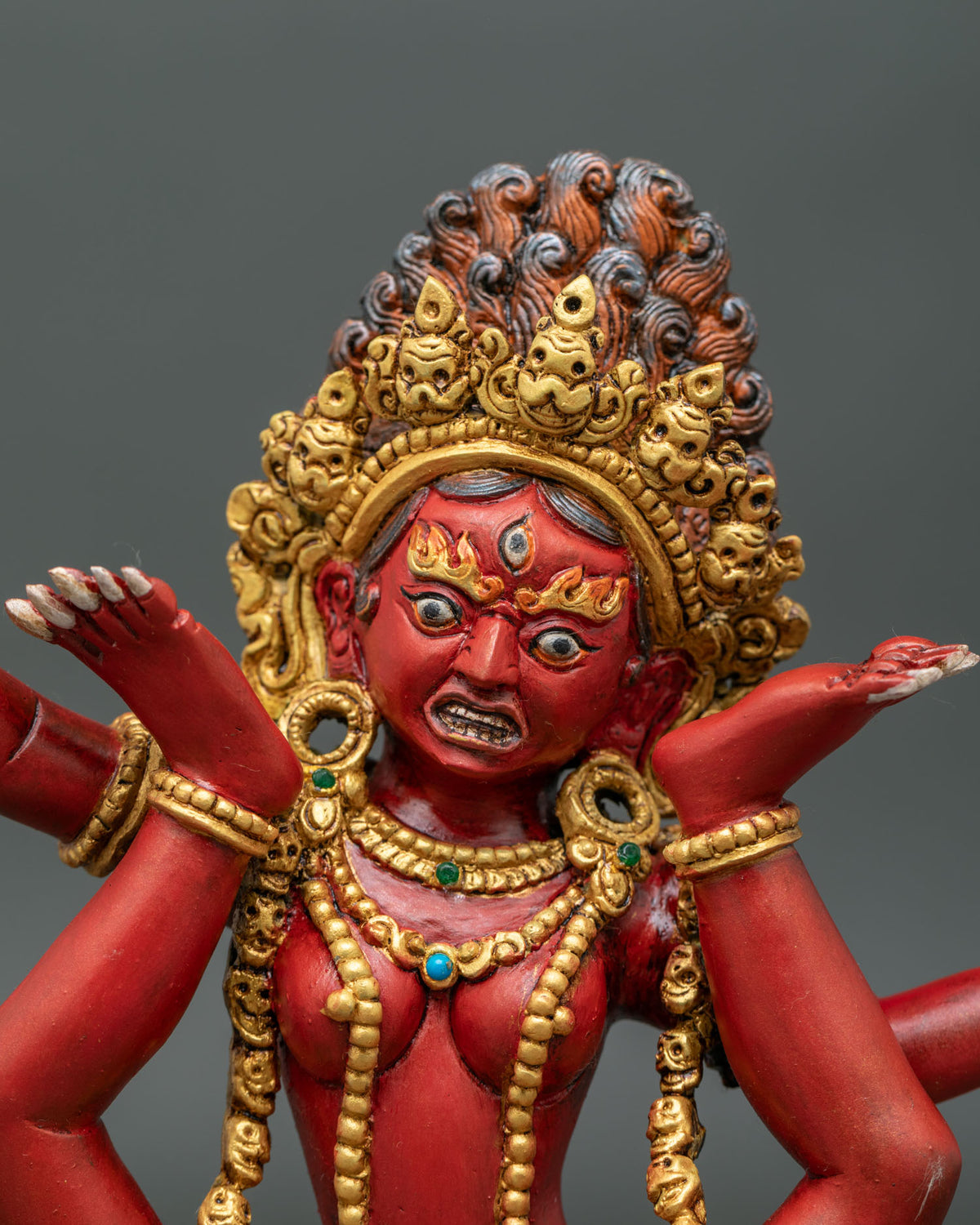 Sukhasiddhi Statue close up gold gilded details semi precious stones acrylic.