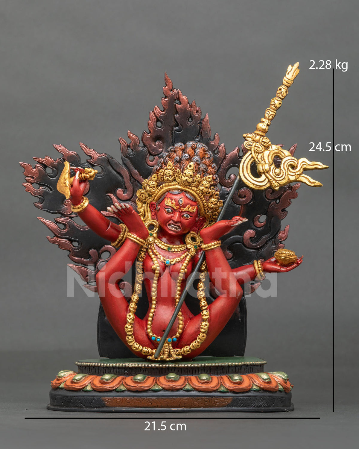 Sukhasiddhi Statue copper acrylic painted gold gilded semi precious stones.