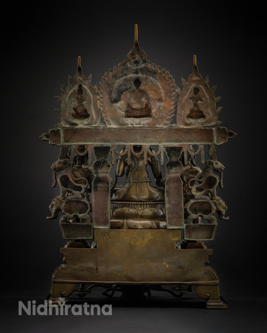 Tara Triad Statue Back View – Copper Altarpiece, Bhrikuti, Green & White Tara