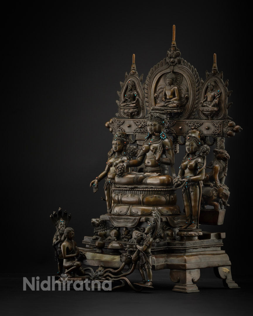 Tara Triad Statue Left Side View – Copper Bhrikuti, Green & White Tara, Nepal