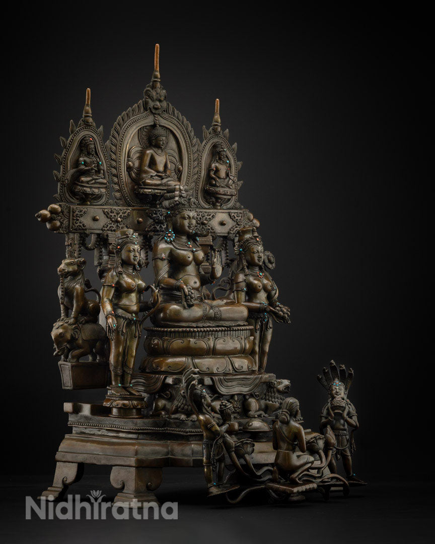 Tara Triad Statue Right Side View – Copper Bhrikuti, Green & White Tara, Nepal