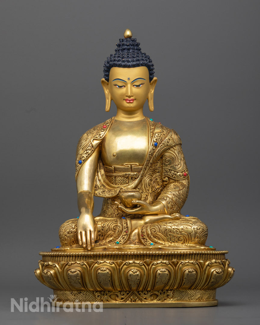 the Shakyamuni Buddha statue sitting gracefully on a symbolic lotus throne, representing peace, wisdom, and compassion.