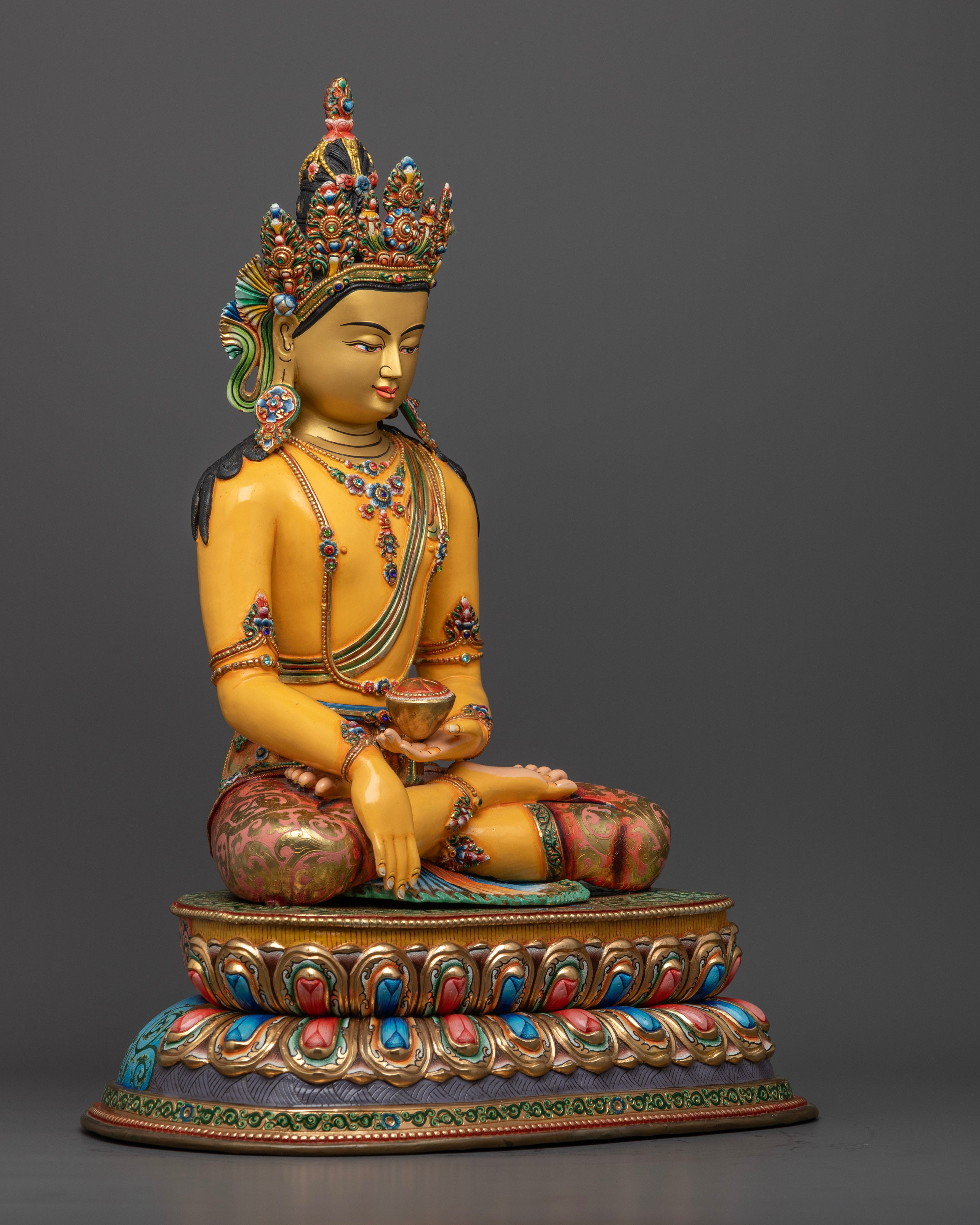 the intricately detailed Buddha statue, featuring colorful acrylic accents and refined textures that reflect traditional Patan artistry.