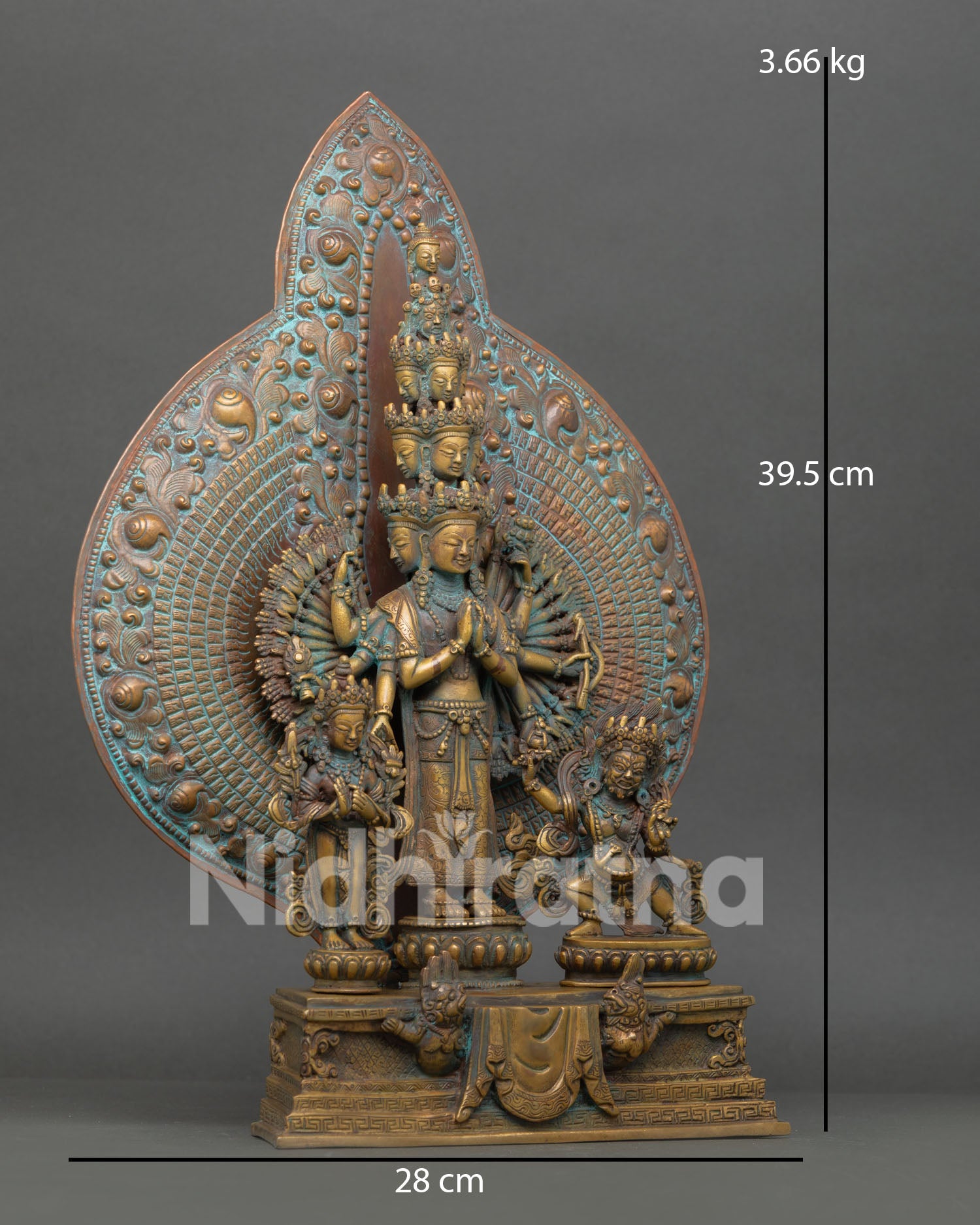 Thousand-Armed Avalokiteshvara statue side angle showing multi-tiered halo and lotus base