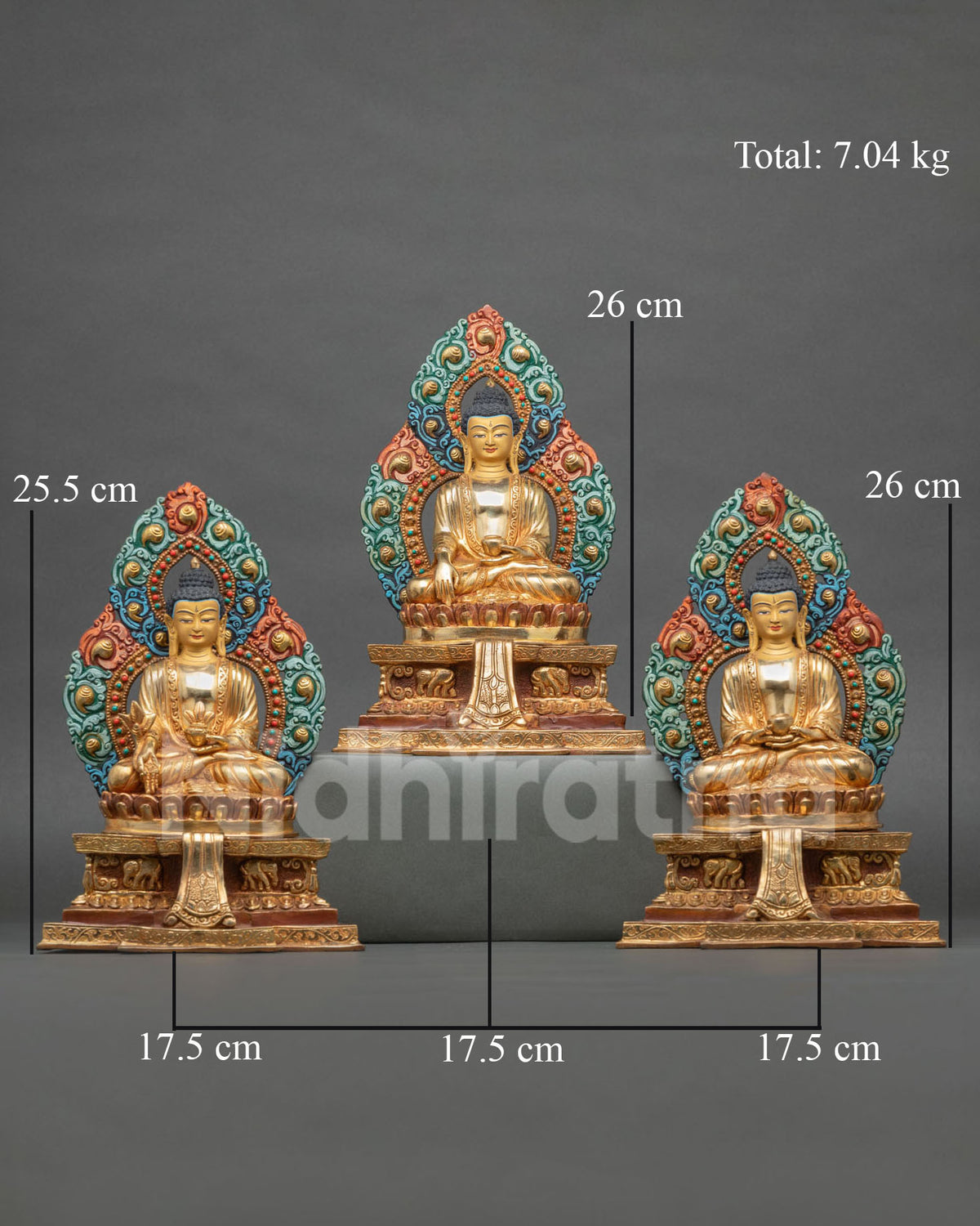 Three Buddha Buddhist Statue Set with Elephant Carvings on Stepped Throne Bases