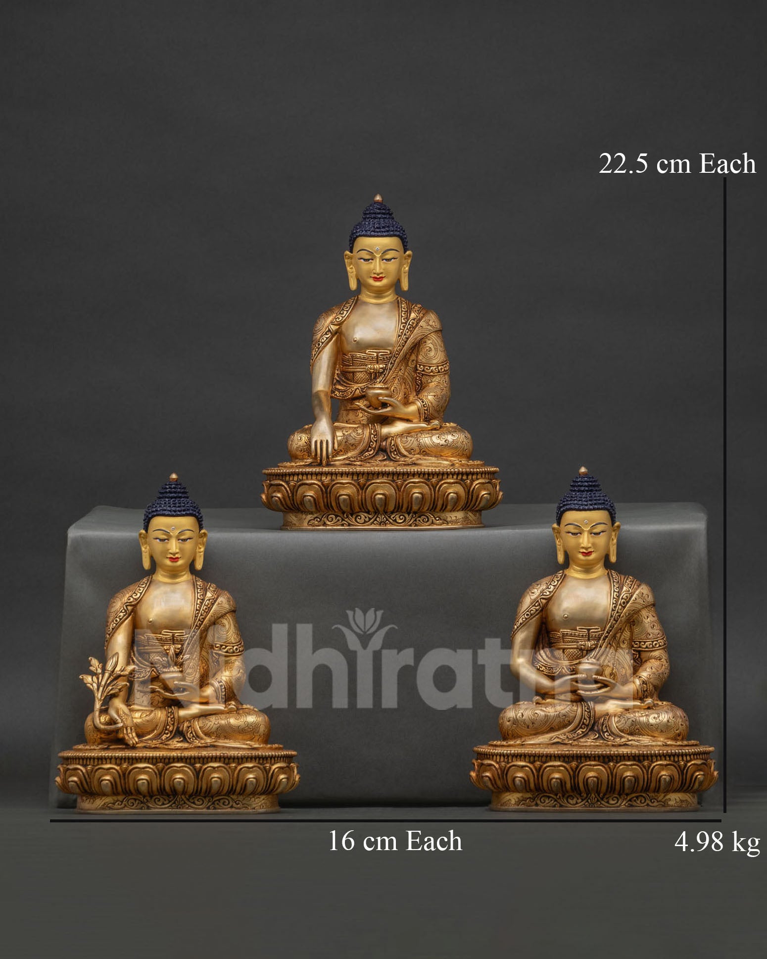 Three Buddha Set Gold Gilded Nepalese Buddhist Statues Amitabha Shakyamuni Medicine Buddha.