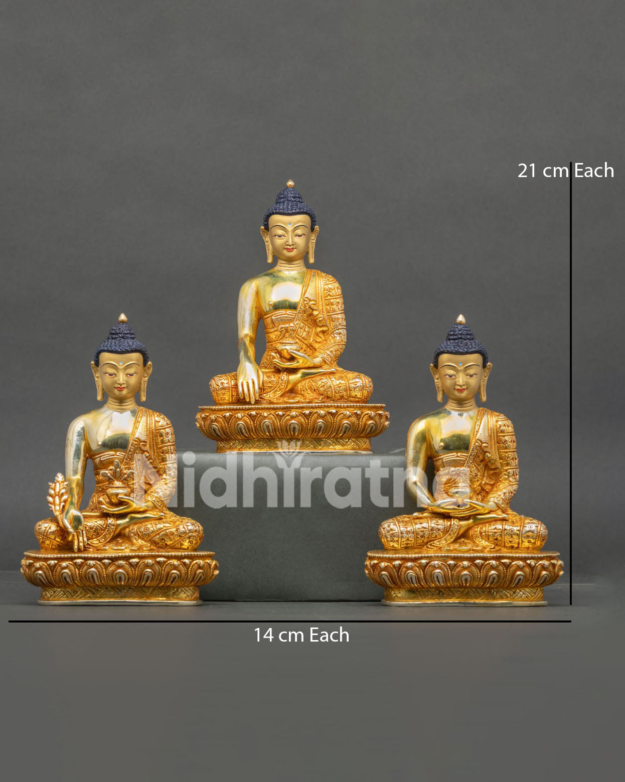 Three Buddha Statue Collection Handmade in Nepal 24K Gold Fire Gilded Buddhist Art Shakyamuni Buddha.