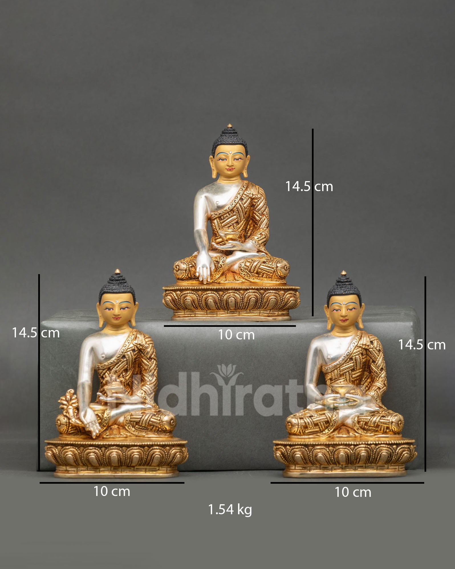 Three Buddha statue set front view Shakyamuni Amitabha Medicine Buddha Nepal