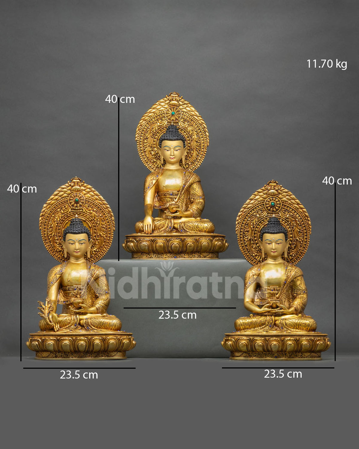 Three Buddha Statue Set with Medicine, Shakyamuni and Amitabha, 24K Gold Fire-Gilded Copper, Front View