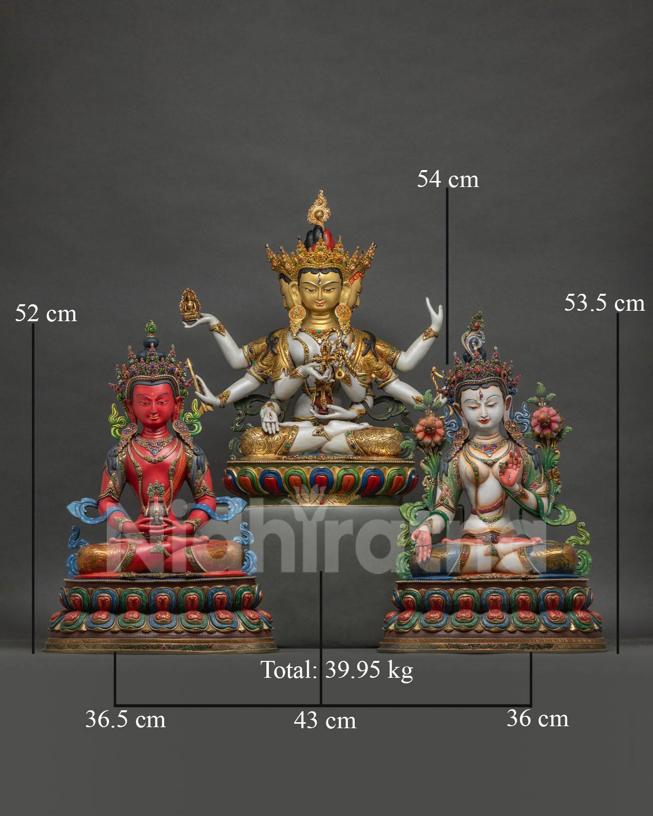 Three Long-Life Deities statue set, Amitayus, White Tara, Ushnishavijaya front view