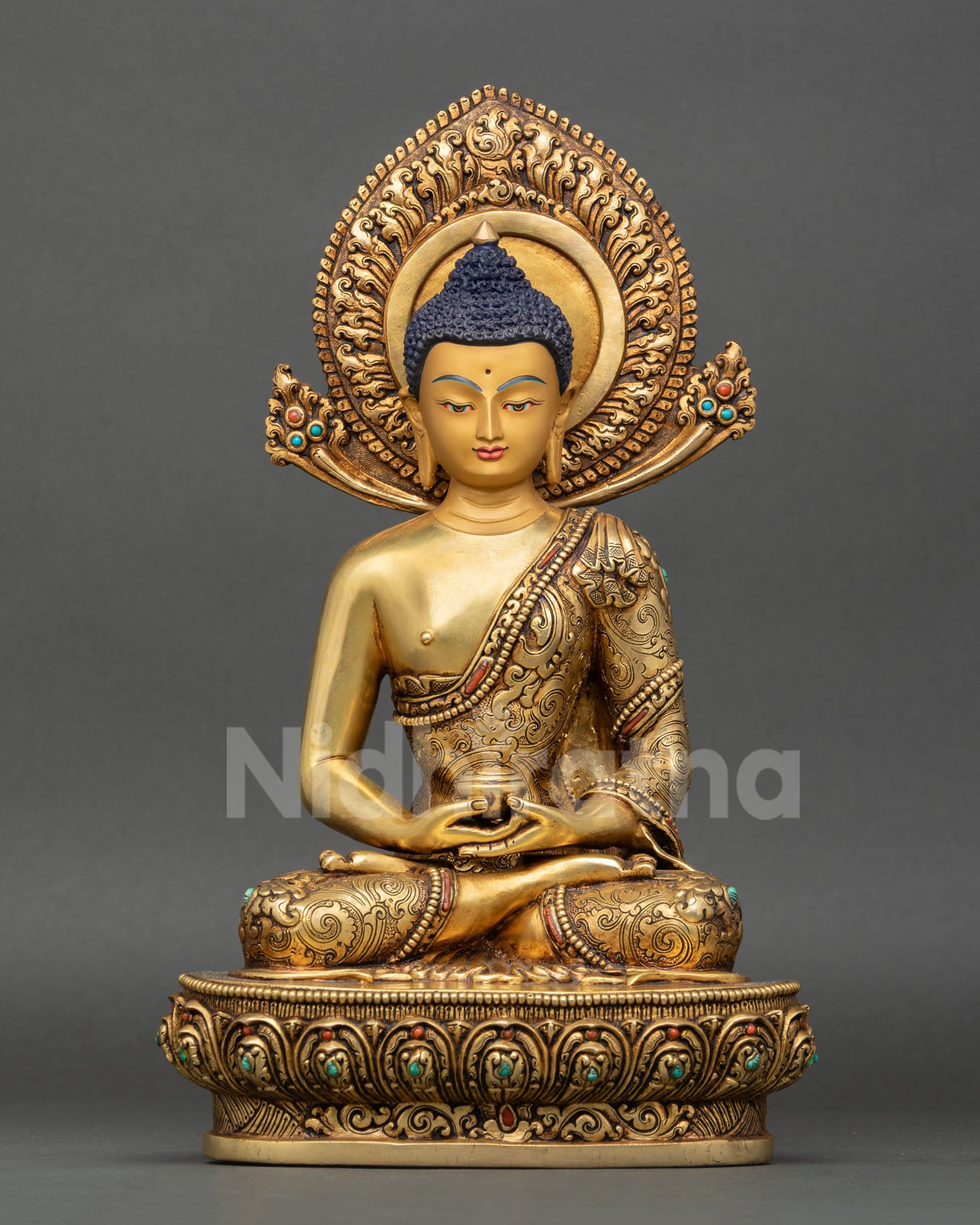 three buddha set right side view, handmade copper statues on lotus throne with sacred detailing