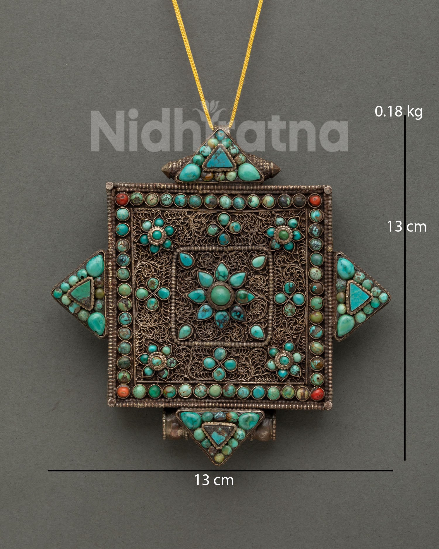 Tibetan Buddhist Ghau Mala with turquoise coral and geometric details