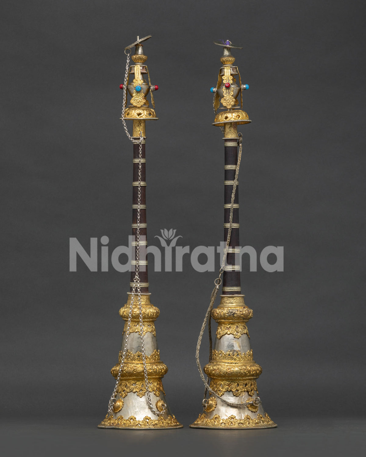 Tibetan Buddhist Gyaling Instrument Adorned with Coral and Turquoise Semi Precious Stones