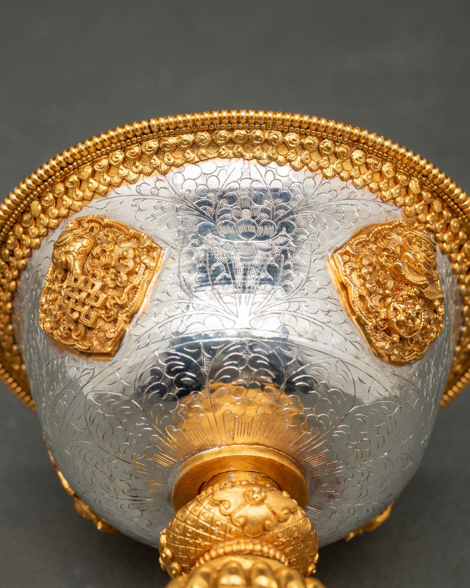 Tibetan butter lamp showing copper body with gold and silver plated finish sacred Buddhist offering lamp for home altar and spiritual practice