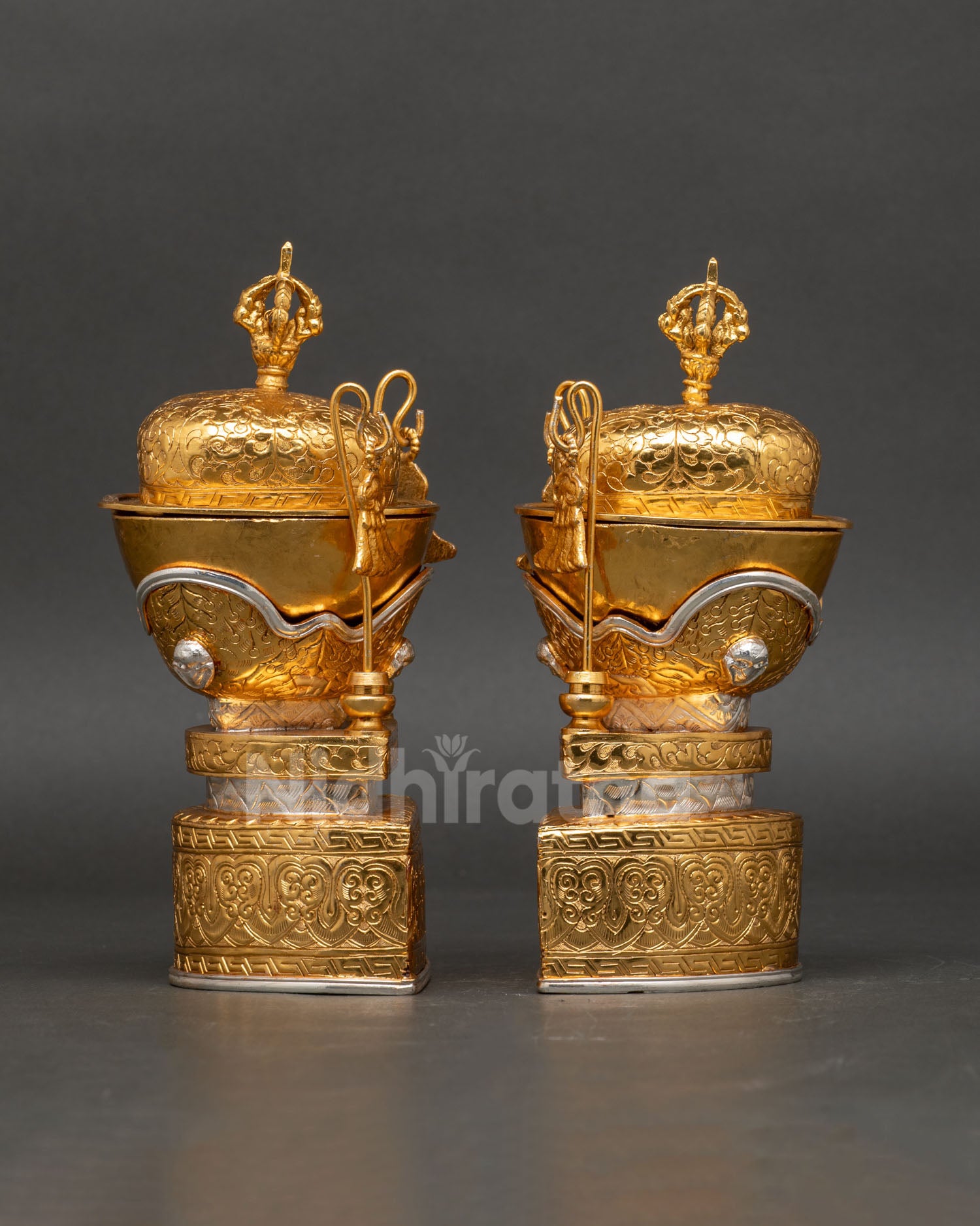 Tibetan Kapala Set displaying ceremonial skull cup structure traditional altar offering vessel and sacred Buddhist ritual artistry
