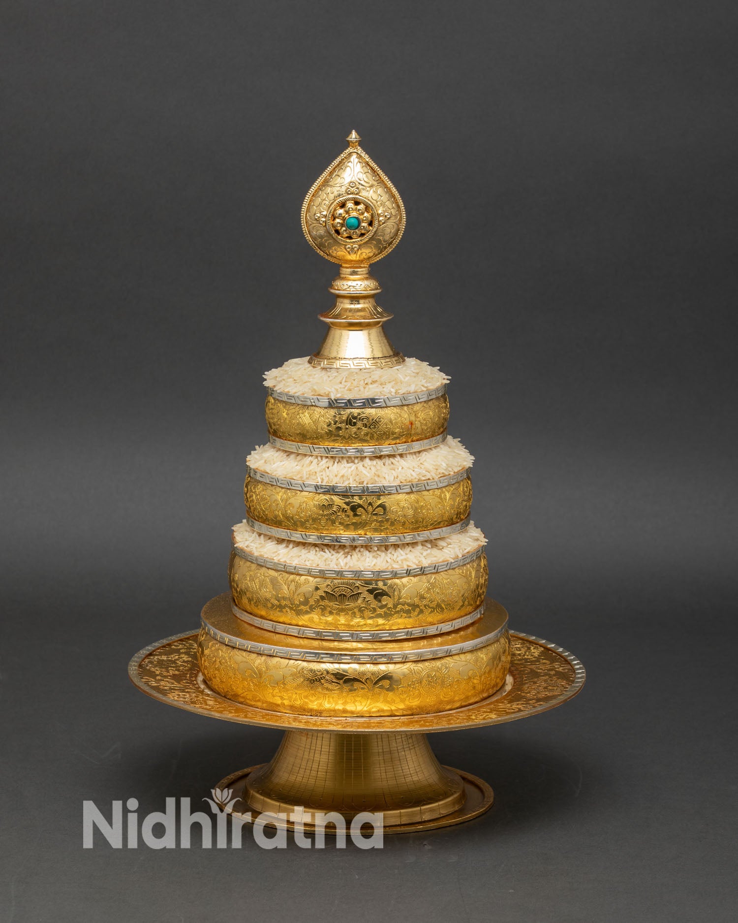 Tibetan mandala offering set copper gold silver plated sacred vessel