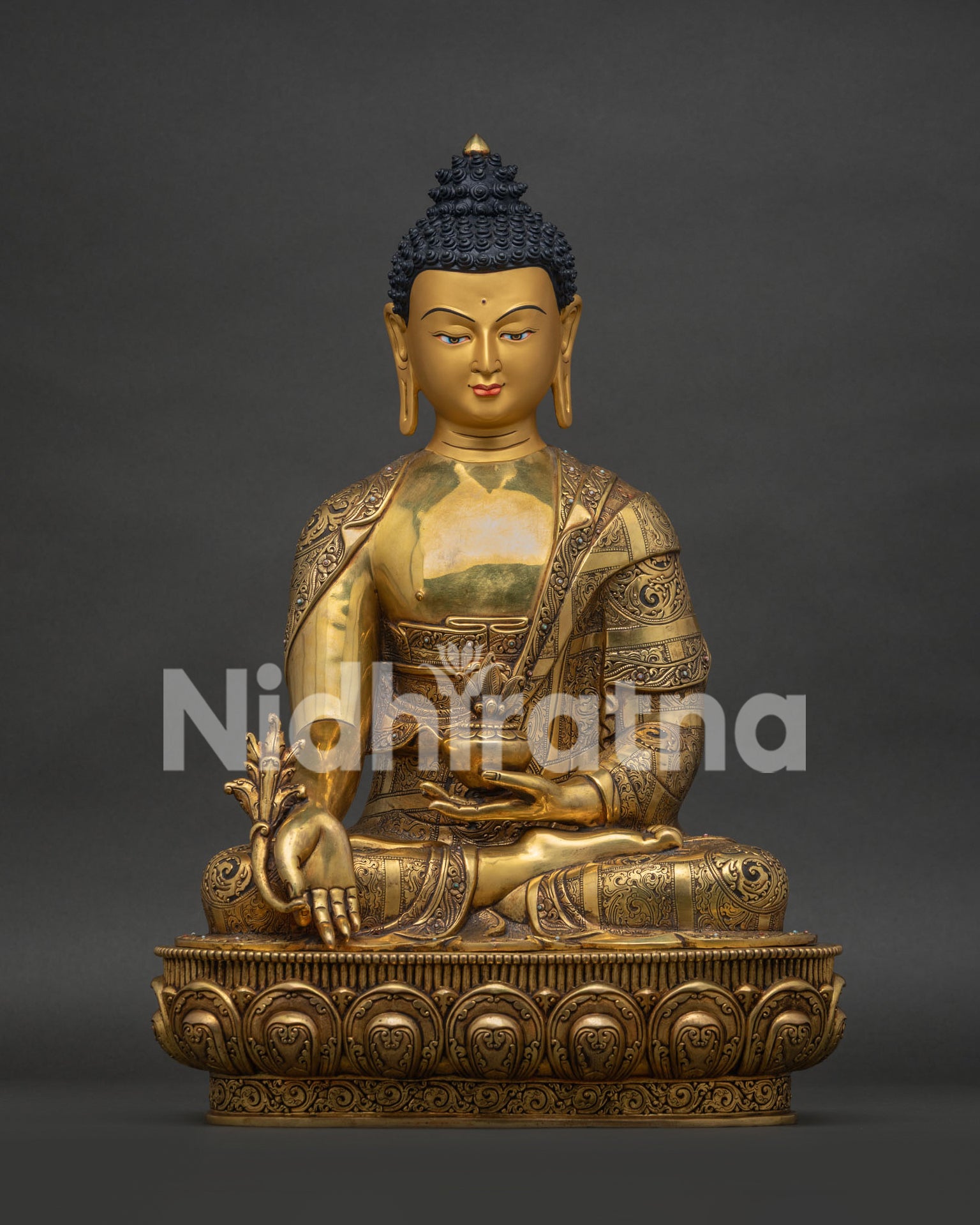 Tibetan Medicine Buddha Statue Front View | 24K Gold-Gilded Copper Bhaisajyaguru