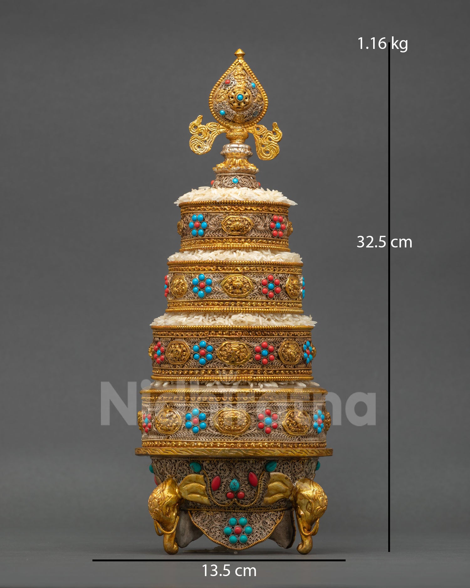 tibetan ratna mandala offering set with gold gilding and elephant base
